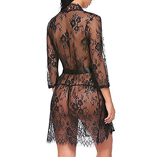 ✔ Hypothesis_X ☎ Women's Lace Kimono Robe Lingerie Eyelash Babydoll Sheer Nightwear Black