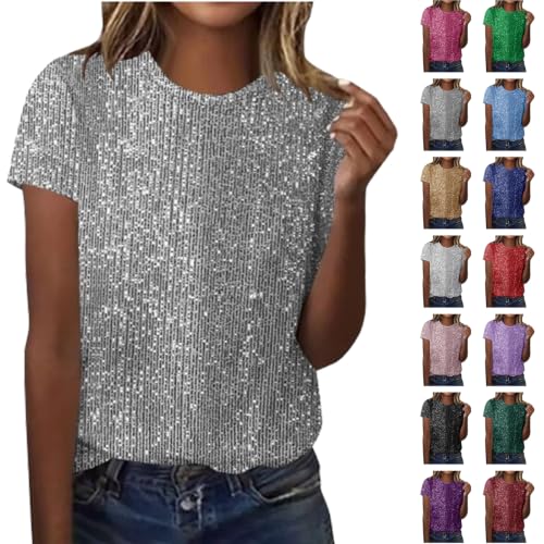 Sequin Shirts for Women Sequin Tops for Women Crew Neck Short Sleeve Shirts Plus Size Sparkly Top Fall Womens Clothes 2026 Camisas para Mujer Elegantes Vacation Capsule Wardrobe Gray at Amazon
