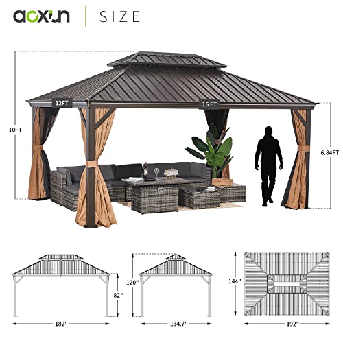 Aoxun 12FT×16FT Hardtop Aluminum Gazebo, Outdoor Metal Frame Canopy Gazebo with a Mosquito Net