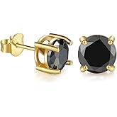 JiangXin Round Black Onyx 925 Sterling Silver Stud Earring 18K Gold Plated Men Women Unisex Jewelry
