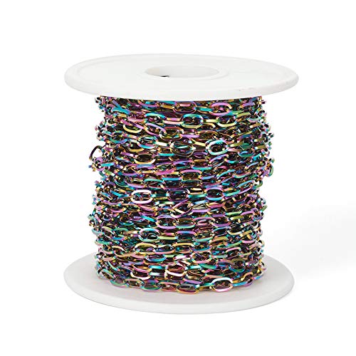 Craftdady 32.8 Feet Stainless Steel Cable Chain Link Multi-Color Unwelded Flat Oval Cross Chain 6.5x3.5mm with Spool for Jewelry Pendant Necklace Bracelet Making