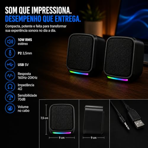 Caixa de Som PC Gamer 10W RMS Estéreo Som Potente com Iluminação LED RGB - para Smartphone, Notebook e Computador - Conexão USB/P2 com Controle de Volume Plug and Play