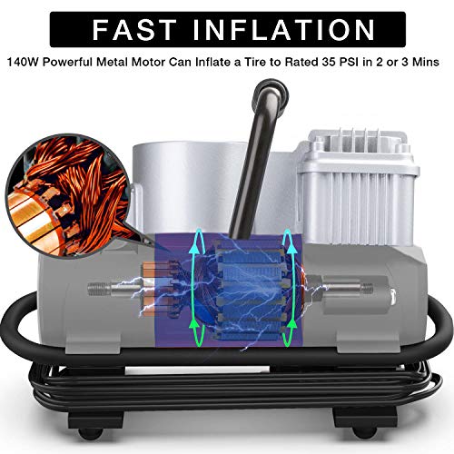 AUTOWN Air Compressor Pump, 12V DC Portable Digital Tire Inflator with Gauge 140W 120 PSI, 4 Display Units, Auto Shut-Off for Overheat Protection