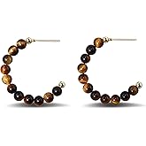 Teppdfann 14K Gold Plated Tiger Eye Turquoise Hoop Earrings Gemstone Stud Earrings for Women Beaded Hoop Earrings for Gift