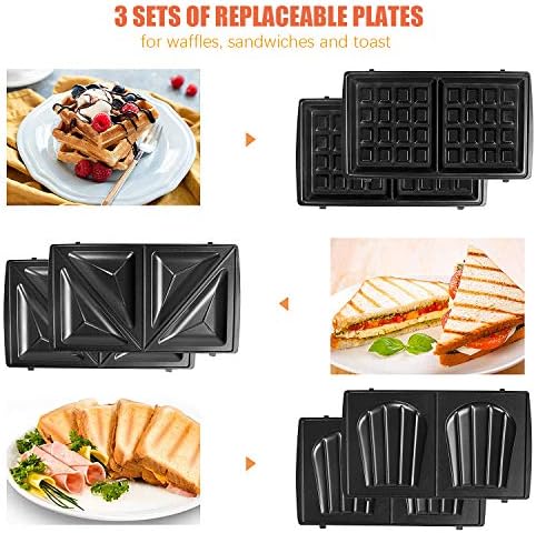 Gotoll Appareil à Croques Monsieur Gaufrier 3 en 1 Machine à Sandwich Maker Gauffre Presse Toaster Pain Plaques Remplaçables 750W - Noir