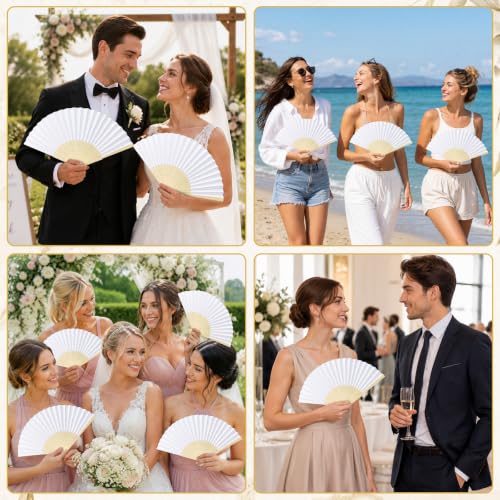 Coicok 12 x Wedding Fans, White Folding Wooden Paper Fans, Customisable Pack with 12 Organza Gift Bags, Japanese Fan for Wedding, Guest, Dance Party Decoration