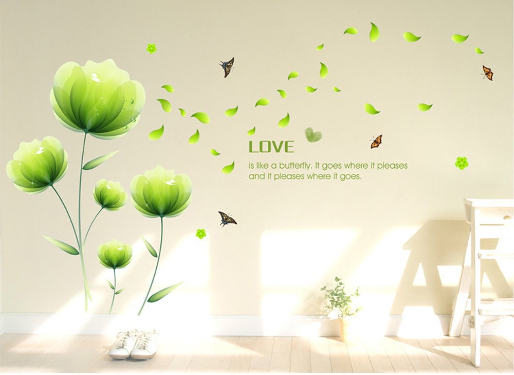 ufengke® Beautiful Green Flowers Wall Decals, Living Room Bedroom Removable Wall Stickers Murals