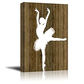 Ballet Dancing Canvas Wall Art - White Ballet Dancer Silhouette on Rustic Wood Background - Stretched Gallery Wrap Ready to Hang Home Decoration - 12x18 inches