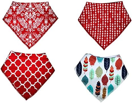 KodaBear Signature Pet Dog Bandana Scarf, 4 Pack, Triangle Bib Kerchief for Small/Medium/Large Dogs, Buttons Up, Machine Washable, Soft Cotton Material (Red Feather Pack)