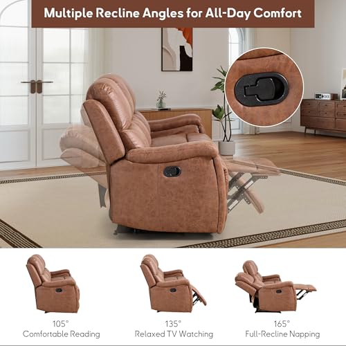 CANMOV Leather 3-Seat Recliner Sofa, Manual Reclining Sofa with Hidden Cup Holders, Padded Headrest & Lumbar Support 3-Seat Couch for Living Room, Home Theater, Brown