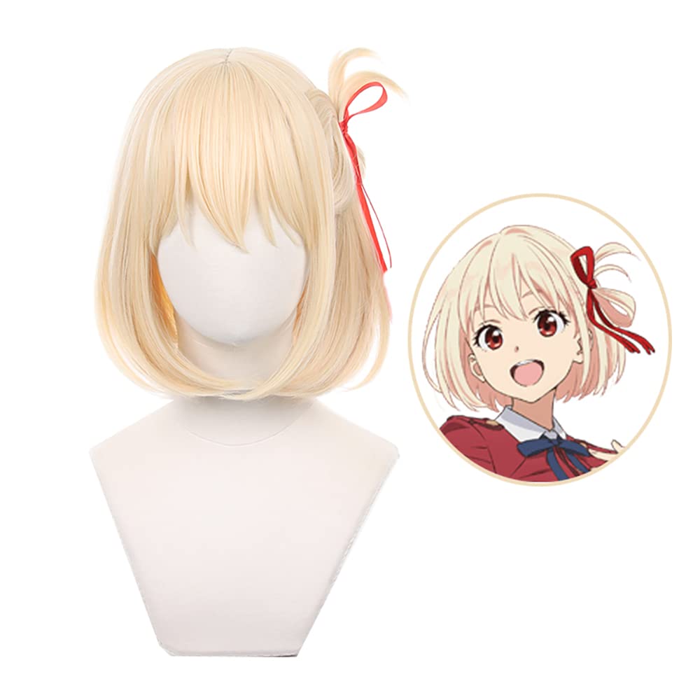 Anime Cosplay Wigs for Nishikigi Chisato Lycoris Recoil Cosplay Wig, Short Blond Bob Hair with Ribbon + Free Wig Cap