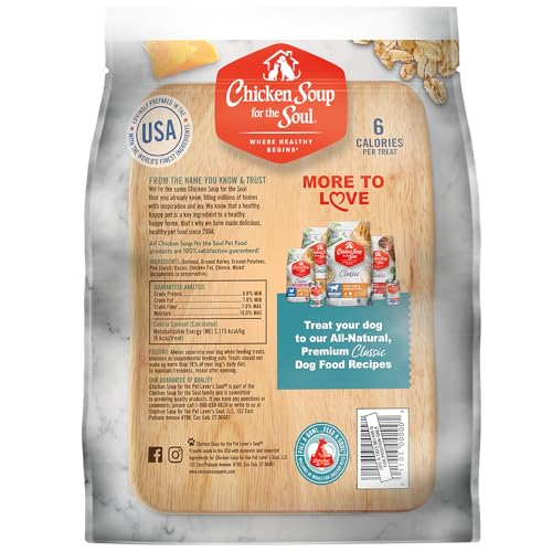CHICKEN SOUP FOR THE SOUL ALL NATURAL PREMIUM CRUNCHY BITES DOG TREATS, REAL BACON & CHEESE, NO BY-PRODUCTS, ARTIFICIAL COLORS, FLAVORS OR PRESERVATIVES, BACON & CHEESE, 32OZ