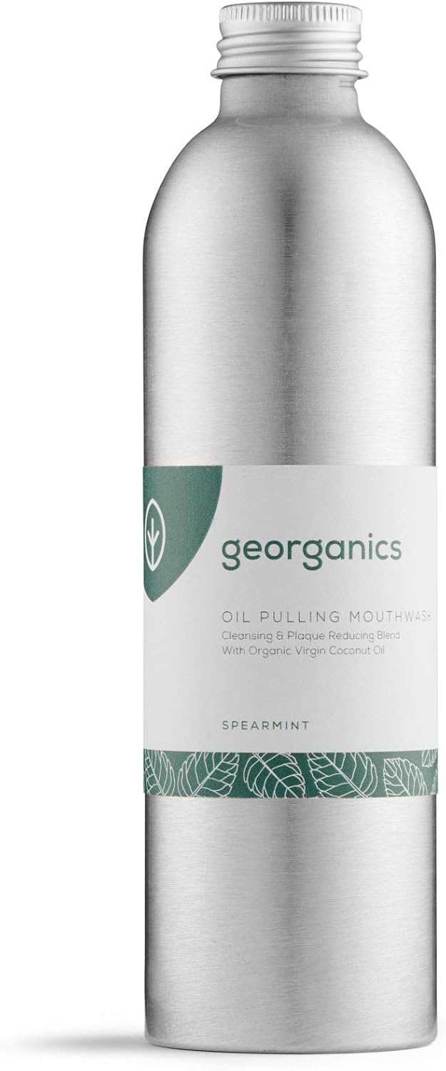 Georganics Whitening Oil Pulling Mouthwash - Spearmint - Plaque-Reducing Coconut Oil Blend - 100% Natural Ingredients - SLS, Glycerine & Fluoride Free - Cosmos Organic, Vegan, Cruelty-Free - 275ml