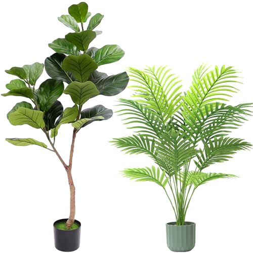 KIROTLA 2 Piezas Árbol Artificial De Hojas Decorativas De Violín De 1.2m En Maceta Imitación De Higuera Y Palmera Artificial 0.9m para Hogar Oficina Sala De Estar Interior Y Exterior