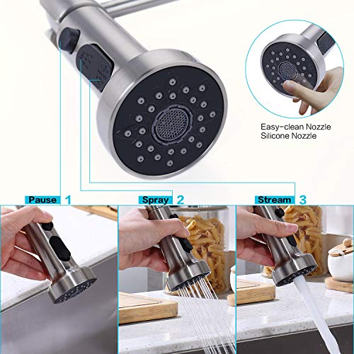 Bokaiya Heavy Duty Brass One-Handle Pre-Rinse Spring Pulldown Kitchen Faucet, Brushed Nickel Kitchen Sink Faucet - Thumbnail 3
