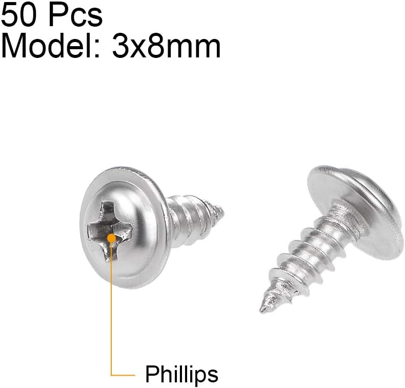sourcing map 3x8mm Self Tapping Screws Phillips Pan Head With Washer Screw 304 Stainless Steel Fasteners Bolts 50Pcs - Image 3