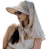 Women Wide Brim Sun Hat Scarf 3-in-1 Visor Hat Shawl Headscarf Summer Beach | Floppy Sun Hat Shawl Scarf Neck Flap,UV Protection Full-Coverage Hat,Windproof,Boho Straw Hats for Travel Garden Outdoor