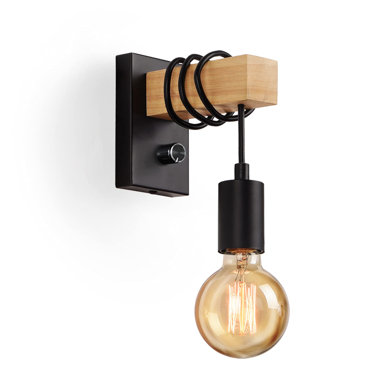 Glighone Wall Lights with Switch Vintage Wall Lamp Wooden Wall Light Indoor Industrial Wall Sconce Dimmable E27 Edison Lighting Fixture for Bedroom, Dining Room, Living Room (Black, Bulb Not Included)