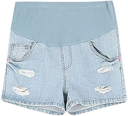 MIAMAMA Women's Maternity Denim Shorts Elastic Waist Casual Blue Summer Jeans, Medium