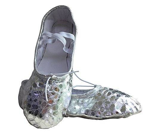 Women's Bright PU Leather Ballet Belly Slippers Ballroom Dance Shoes with Suede Split-Sole(8, Silver/dot)