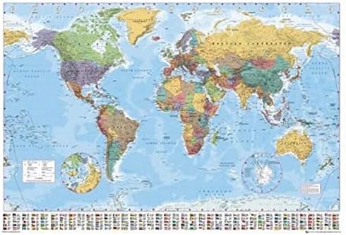 GIANT LAMINATED/ENCAPSULATED World Map - Polar Caps - POLITICAL MAP OF THE WORLD -2012 Edition- POSTER Including Printed Countries Flags