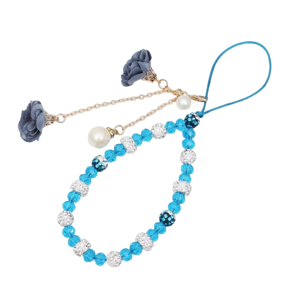 COLORFUL BLING Charm String Beaded Chain Strap Crystal Flower Pendant Lanyard Accessories for Women Girls Car Key Purse Decoration-Blue