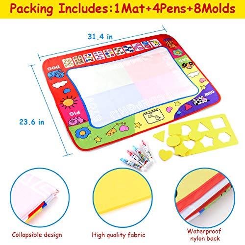 pipigo Water Doodle Mat, Kid Aqua Magic Drawing Mat Coloring Paint Pad for Toddlers with 4 Water Pens and 6 Models, Large Size for 2-3 Kids(31.5" X 23.6")
