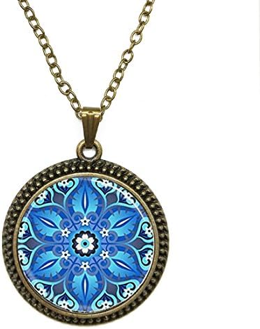 Glass Dome Cabochon Necklace Pendants Blue Kaleidoscope Mandala Geometric Floral Art Gemstone Fashion Jewelry for men women