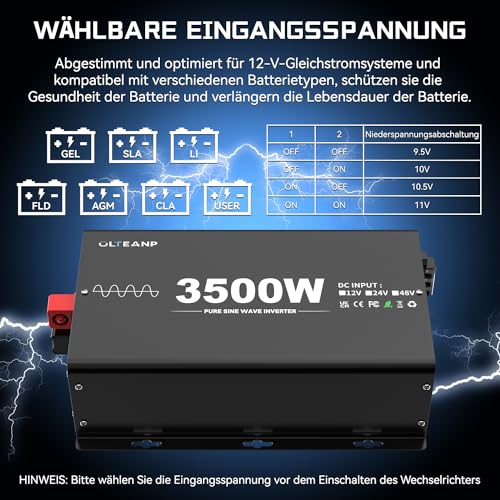 OLTEANP 3500W 7000W Inverter 12v to 230v Pure Sine Wave Voltage Converter Car Inverter with LCD Screen and Remote Control 2 AC Sockets USB Port and Type C for Camper Caravan Truck