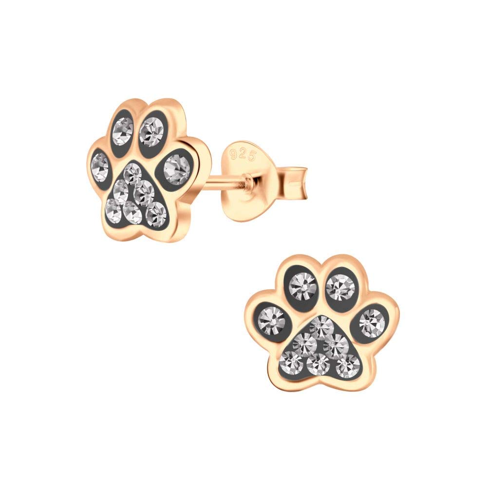 Paw Print Earrings Sterling Silver with Rose Gold Plating and Smokey Grey Crystal Stones