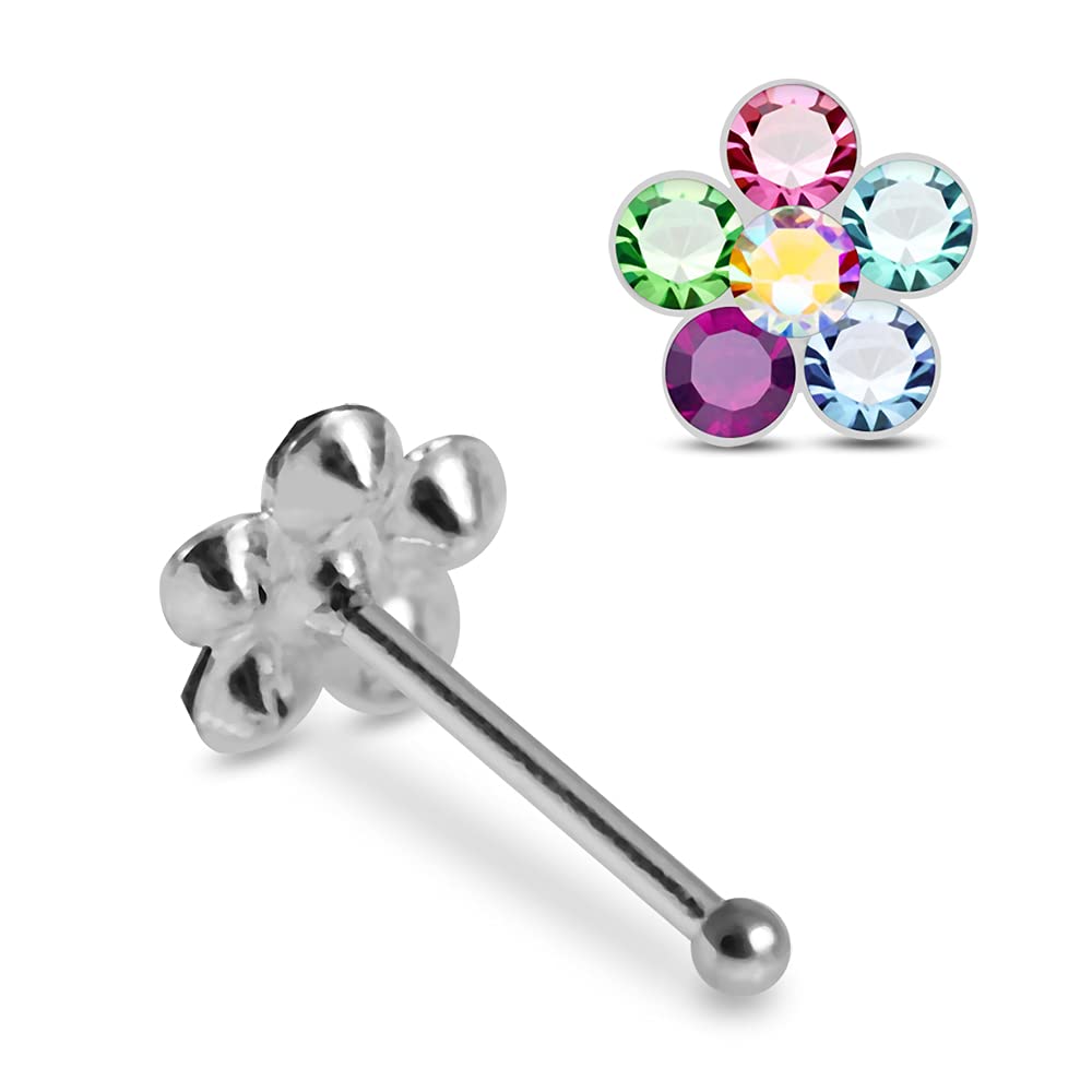 AZARIO LONDON Multi Light Crystal Stone Flower Top 22 Gauge 925 Sterling Silver Nose Bone Stud Piercing