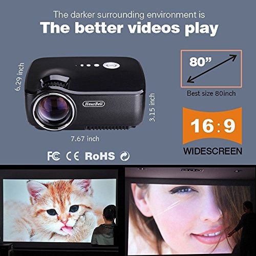 Projector, Hausbell Mini Projector Portable Video LED Projector HD for Outdoor Indoor Movie/Home Cinema Theater/Game (Black)
