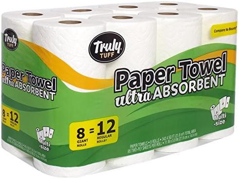 Truly Tuff Absorbent Paper Towels, Select your Size Sheets, 8 Giant Rolls = 12 Regular Rolls, White