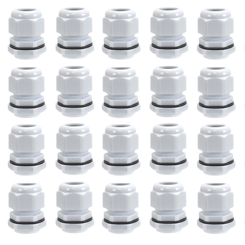 20 Pack M20 20mm IP68 Waterproof Nylon Cable Glands, Suitable for 6mm - 12mm Cables (White)
