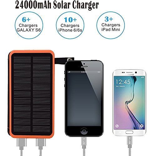 Solar Charger 24000mAh,Solar Power Bank Waterproof Dual USB Output with 3 Solar Panels External Battery Bank with Flashlight for iPhone,Samsung,iPad and Outdoor Camping(Orange)