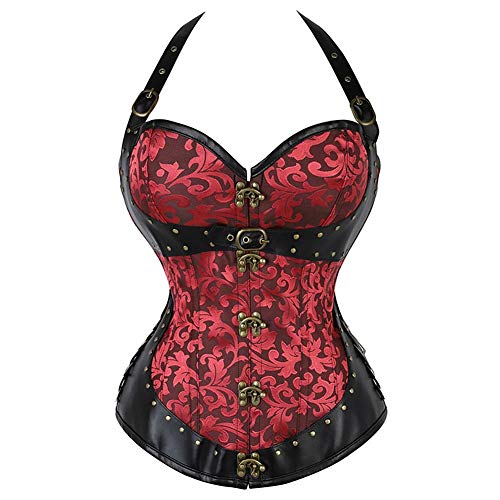 DrCURVY-Donna-Bustier-12-Acciaio-Boned-Corsetto-Disossato-Pelle-Sexy-Steampunk-Corpetto-Burlesque-e-PerizomaRed-L
