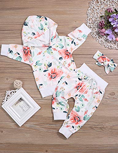Toddler Baby Girl Clothes Long Sleeve Floral Hoodie Sweatshirt Tops Flowers Pants with Headband Infant Outfits Set(0-6M) Yellow