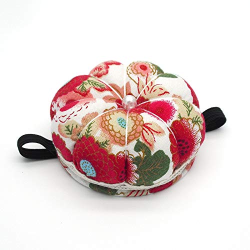 Jafirous 3Pcs DIY Sewing Pincushion Pumpkin Shape Cotton Fabric Button Wrist Strap for Cross Stitch Sewing Safety Pin Cushion Accessories Elastic Wrist Band Pincushions