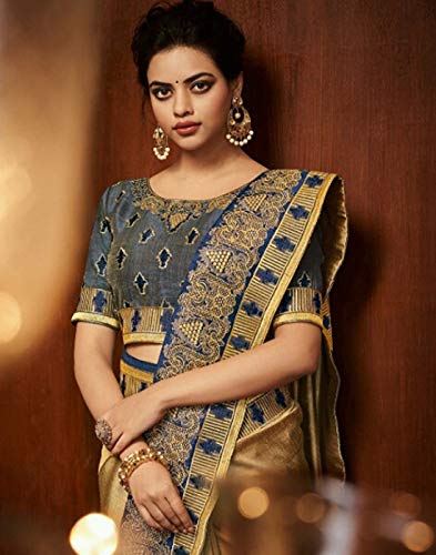 DesiButik's Party Wear Lovely Golden Satin Silk Saree - Thumbnail 2
