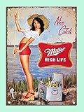 Jesiceny New Tin Sign Retro Style Miller Beer Girl Fishing Bar Den Aluminum Metal Sign 8x12 INCH