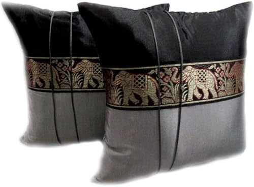 One Pair:beautiful &amp; Cool Big Elephants Throw Cushion Cover/pillow Case Handmade By Thai Silk for Decorative Sofa, Car and Living Room Size 16 X 16 Inches