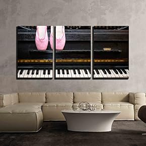 3 Piece Canvas Wall Art - Pink Pointe on The Black Old Piano - Modern Home Art Stretched and Framed Ready to Hang - 16"x24"x3 Panels