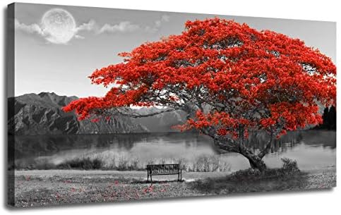 Ardemy Canvas Wall Art Prints Red Tree Picture Modern Lake Panoramic Moon Painting Artwork Wooden Framed Ready to Hang for Living Room Bedroom Dinning Room Wall Decor- 40"x20" Waterproof