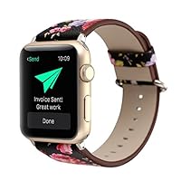 YOSWAN Bracelet for Apple Watch, National Black White Floral Printed Leather Watch Band Strap for Apple Watch Flower Design Wrist Watch Bracelet, Black Pink Flower, 38mm