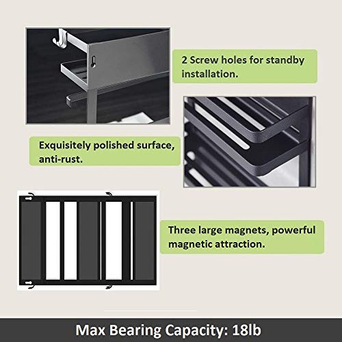 Refrigerator Organizer 4 Tier Magnetic Fridge Spice Rack Paper Towel Holder Multi-purpose Storage Shelf with 5 Hooks, Black