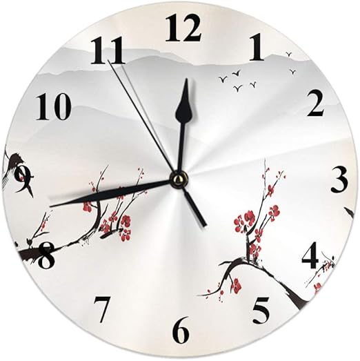 Reloj de pintura chino Acuarela Flor Ciruelo en invierno Montañas Árbol