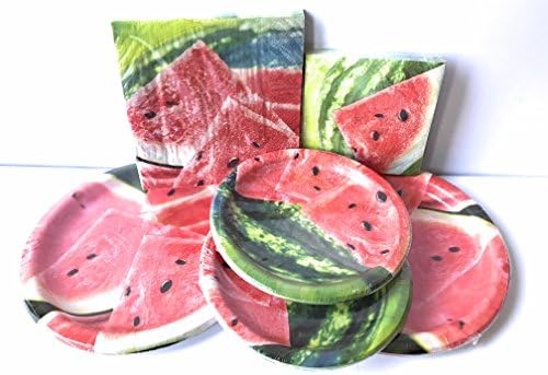 Summer Paper Plates and Napkins Set - VERY CUTE Set of 32 paper plates and 32 napkins Featuring a Watermelon Theme - GREAT VALUE
