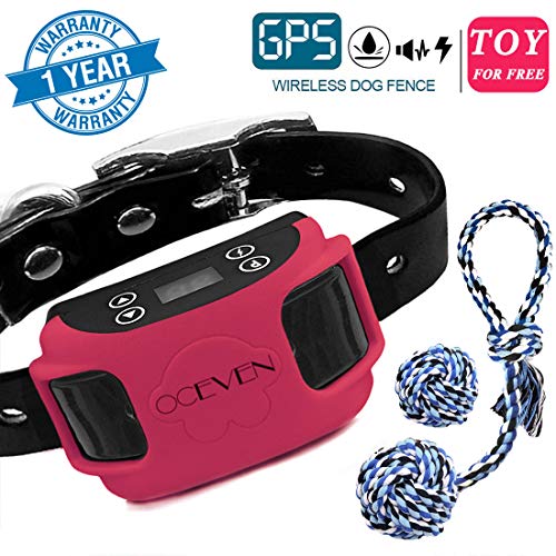 OCEVEN Wireless Dog Fence System with GPS, Outdoor Pet Containment System Rechargeable Waterproof Collar EF851S, Red, for 15lbs-120lbs Dogs with 2pcs Toys for Free