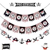 Levfla Pirate Happy Birthday Banner Party Decoration Supplies, Sword Captain Hat Helm Photo Props Garland for Kids, Nautical Sailing Treasure Black and Red Striped Party Pennant Decorations