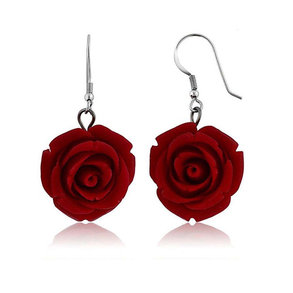 Nuwastone 20MM 925 Sterling Silver Red Simulated Coral Carved Rose Flower Earrings